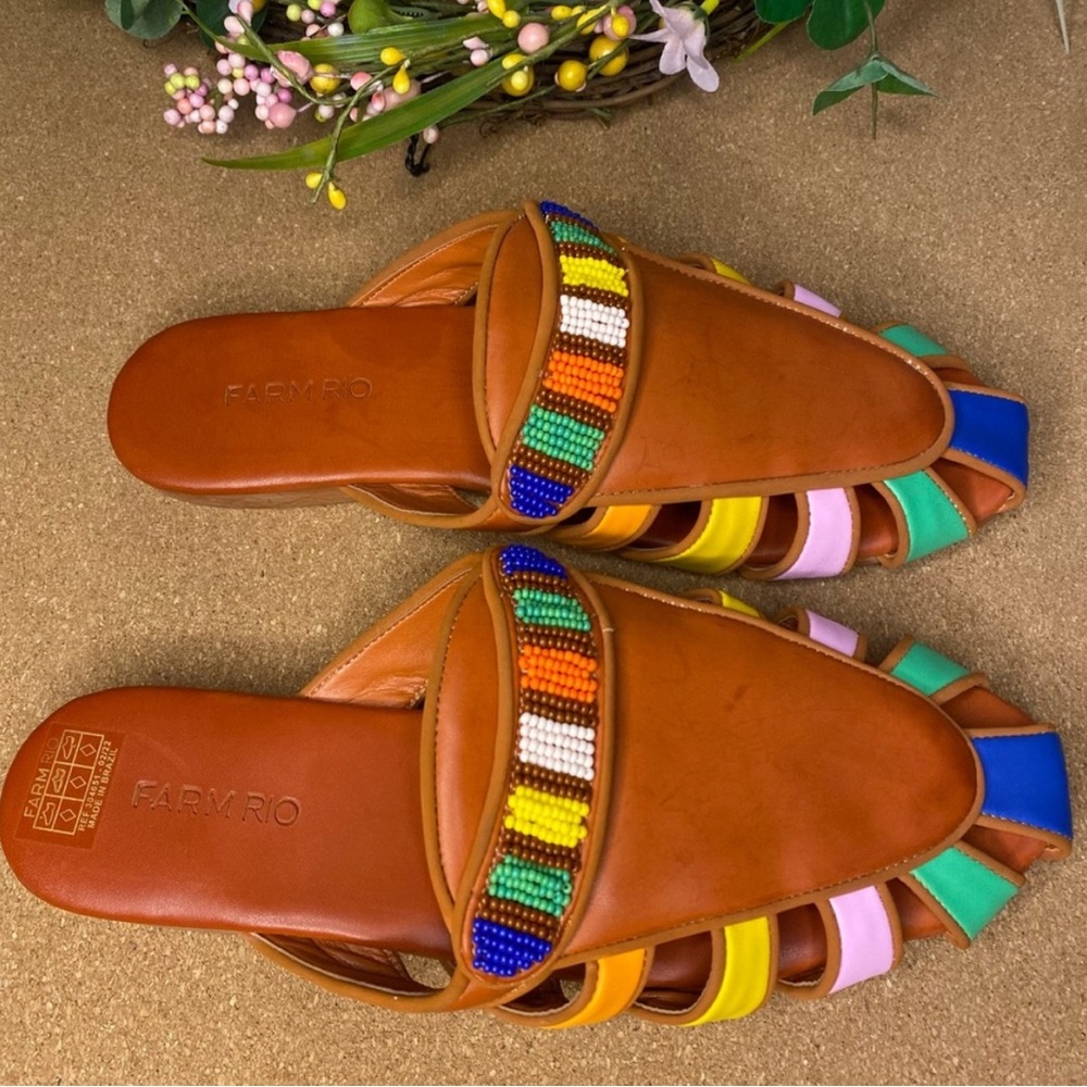 Farm Rio Sandals Mule Rust Rainbow Beaded Size 7.5 - Picture 5 of 12